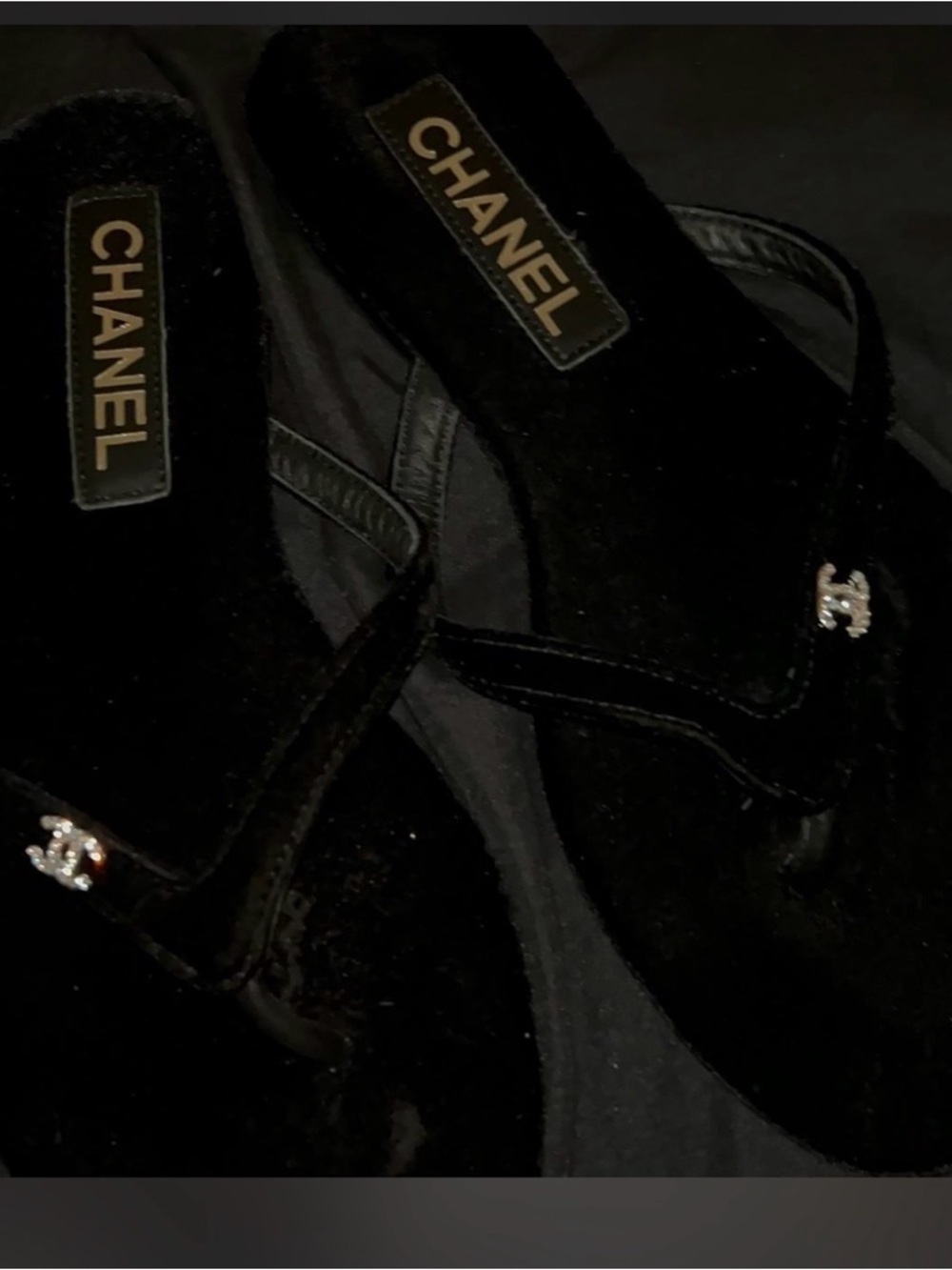 CHANEL Black Velvet Slide Sandals with Silver CC Accent
